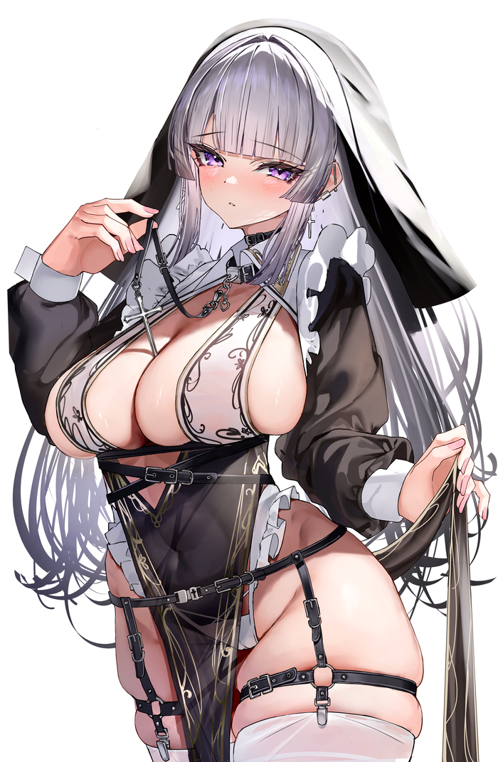Extra thicc nun - NSFW, Anime, Anime art, Art, Original character, Nun, Stockings, Extra thicc, Thighs, Erotic, Hand-drawn erotica, Boobs, Hips
