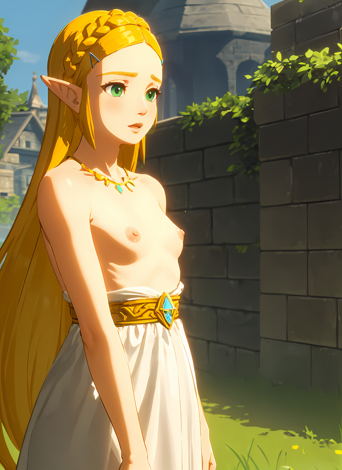 Nude Princess Zelda walking around Hyrule - NSFW, My, The legend of zelda, Breath of the wild, Topless, Elves, Nintendo, Neural network art, Art, Anime, Anime art, Nudity, Exhibitionism, Stable diffusion, Нейронные сети, Erotic, Girls, Hand-drawn erotica, Princess zelda, Naked, Boobs