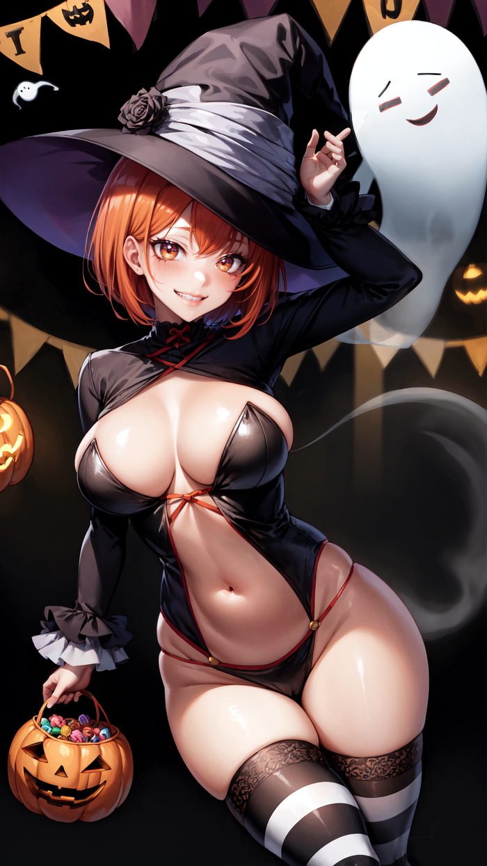 Sweetness or prank) - NSFW, My, Girls, Anime, 2D, Stable diffusion, Anime art, Longpost, Art, Нейронные сети, Artificial Intelligence, Digital drawing, Original character, Boobs, Tights, Witches, Stockings, Hips, Redheads, Призрак, Pumpkin, Halloween, Neural network art