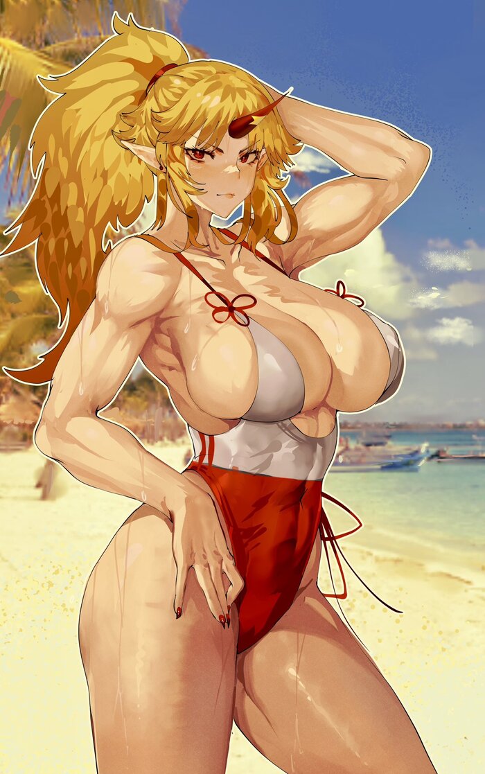 You can't mess with Hoshiguma) - NSFW, Touhou, Hoshiguma yugi, Art, Anime, Anime art, Swimsuit, Boobs, Beach, Sea, Strong girl, Erotic, Hand-drawn erotica, Tomatolover16