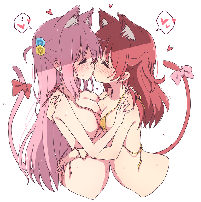 Liz_nYa! - NSFW, Anime art, Anime, Yuri, Bocchi the Rock!, Gotou Hitori, Animal ears, Kiss, Swimsuit, Tail, Twitter (link), Kita Ikuyo