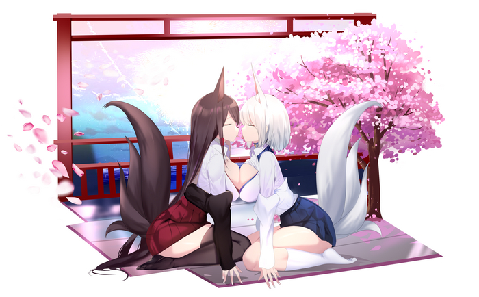 Akagi & Kaga - NSFW, Anime art, Anime, Azur lane, Akagi, Kaga, Animal ears, Yuri