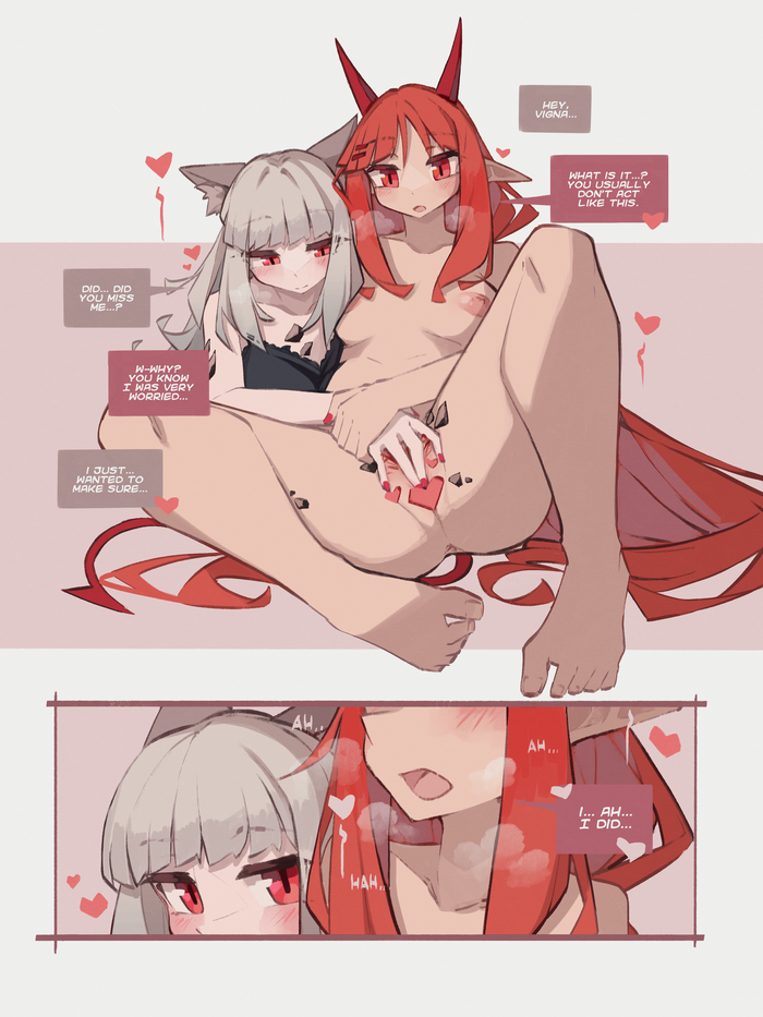 Frostleaf & Vigna - NSFW, Anime art, Anime, Yuri, Arknights, Frostleaf, Boobs, Petting, Fingering, Comics, Without translation, Longpost, Vigna (Arknights)