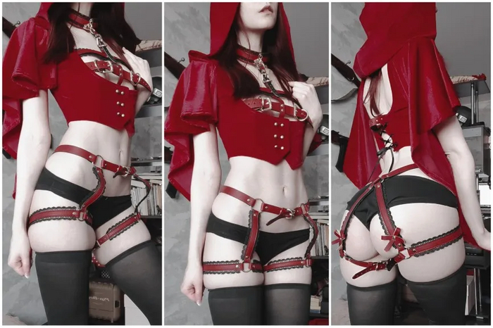 Adult Little Red Riding Hood - NSFW, Cosplay, AliExpress, Reviews on Aliexpress, Girls, Stockings, Underpants, Hood, Corset, Navel, No face, Little Red Riding Hood, Hips, Booty, Harness, Collar, Costume