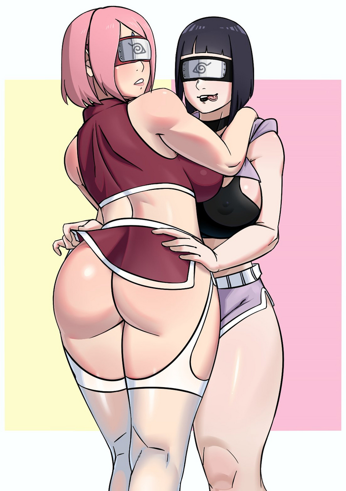 Hinata and Sakura - NSFW, Anime art, Anime, Naruto, Hinata hyuga, Sakura haruno, Twitter (link), Longpost