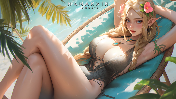 Zelda - NSFW, Game art, Games, The legend of zelda, Princess zelda, Hips, Boobs, Swimsuit, Stomach, Navel, Art, Erotic, Hand-drawn erotica, Longpost, Neural network art