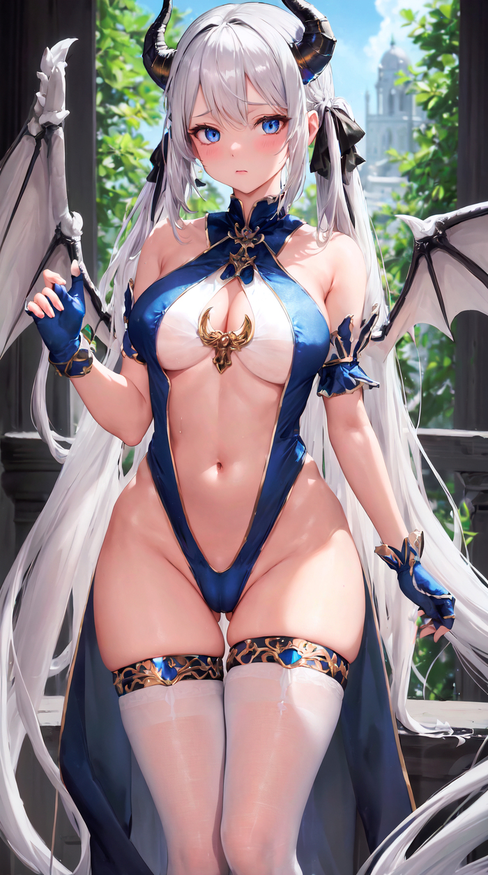 Bored Dragon - NSFW, My, Neural network art, Stable diffusion, Girls, Anime art, Stockings, Hand-drawn erotica, Girl with Horns, Wings, Swimsuit, Blue Eyes, Draconid, Embarrassment, Cameltoe