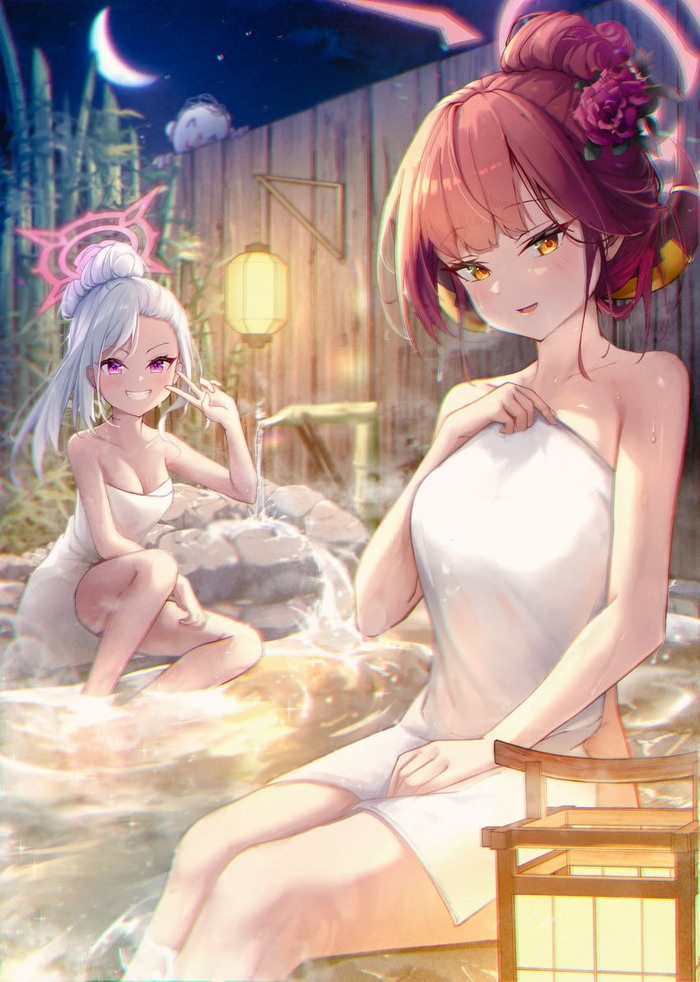 Come join us! - NSFW, Anime, Anime art, Blue archive, Asagi Mutsuki, Rikuhachima Aru, The hot springs, Girl with Horns