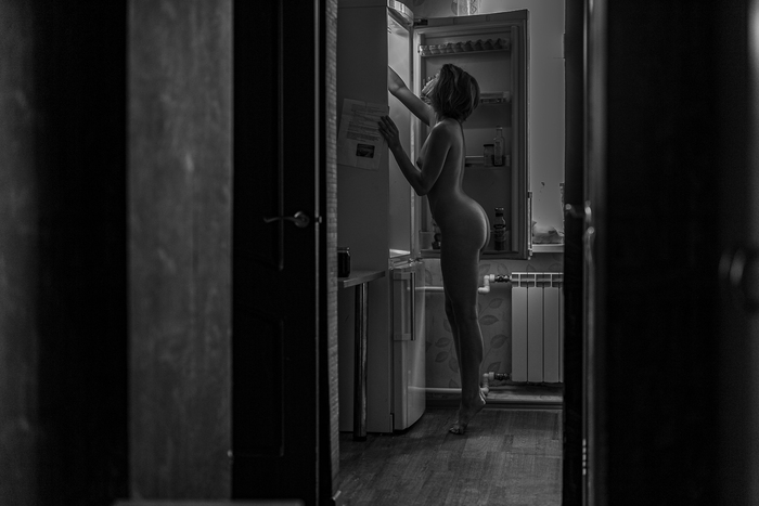 snack time) - NSFW, Girls, Erotic, Boobs, The photo, Portrait, Booty, Black and white photo, Nudity, Naked