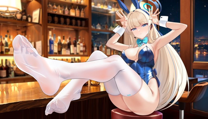 Asuma Toki - NSFW, Erotic, Art, Asuma Toki, Blue archive, Girls, Bunnysuit, Stockings, Foot fetish, Bar, Hand-drawn erotica, Game art, Anime art, Boobs