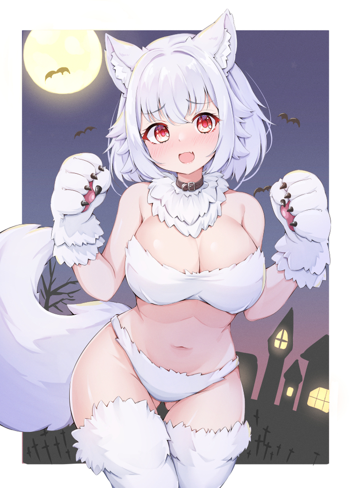 Awoo! - NSFW, Touhou, Inubashiri Momiji, Арт, Аниме, Anime Art, Хэллоуин, Костюм на Хэллоуин, Панцу, Чулки, Хвост, Animal Ears, Эротика, Рисованная эротика, Rururiaru