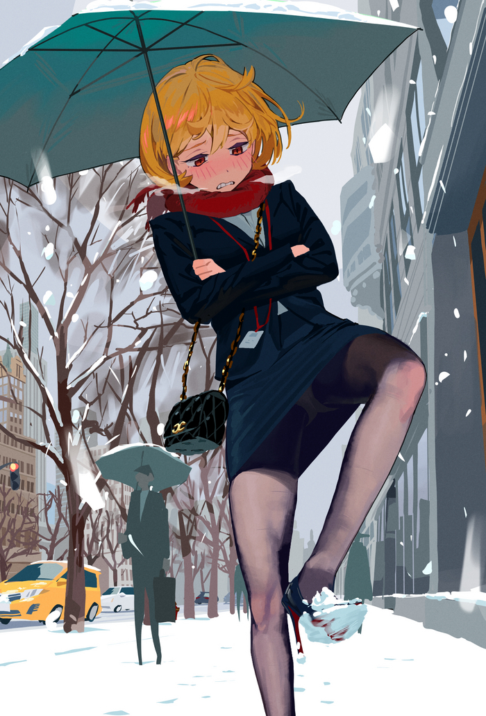 Dress (and put on) for the weather - NSFW, Anime, Anime art, Some1else45, Office workers, Winter, Pantsu, Original character