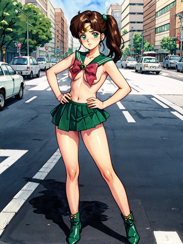 Sailor Jupiter did not fully reincarnate - NSFW, My, Anime, Anime art, Sailor Jupiter, Neural network art, Stable diffusion, Нейронные сети, Phone wallpaper, The street, Diadem, Brown hair, Bow, Embarrassment, Skirt, Green eyes, Hand-drawn erotica, Erotic, Sailor Moon