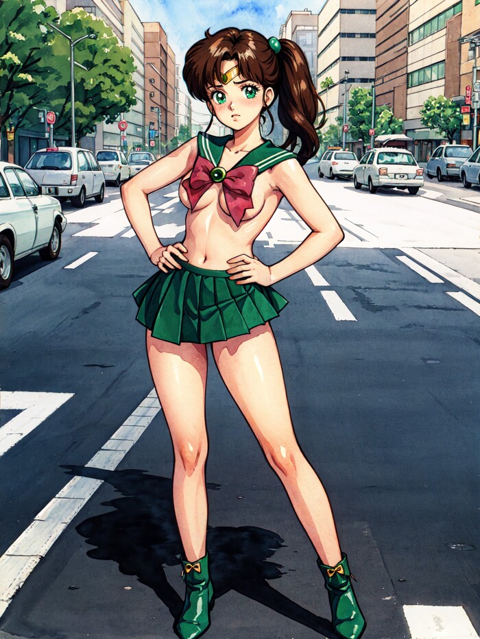 Сейлор Юпитер перевоплотилась не до конца - NSFW, Моё, Аниме, Anime Art, Sailor Jupiter, Арты нейросетей, Stable Diffusion, Нейронные сети, Обои на телефон, Улица, Диадема, Каштановые волосы, Бантик, Смущение, Юбка, Зелёные глаза, Рисованная эротика, Эротика, Sailor Moon