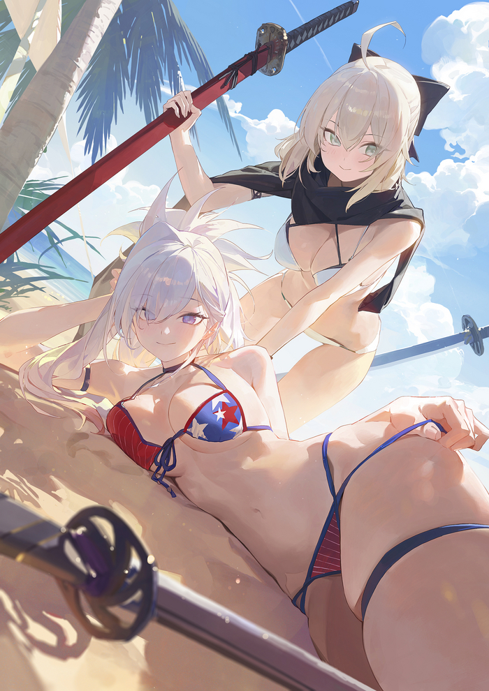 Musashi & Okita - NSFW, Аниме, Anime Art, Арт, Девушки, Miyamoto musashi, Okita Souji, Fate, Fate Grand Order, Купальник, Сиськи, Twitter (ссылка)