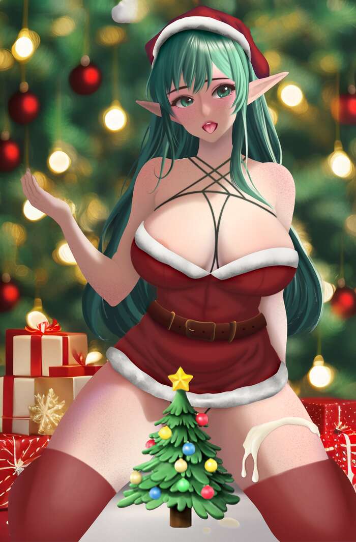 Elf girl - NSFW, My, Erotic, Art, Boobs, Nudity, Choker, Colorful hair, Tights, Revealing dress, New Year, Elves, Stockings, Naked