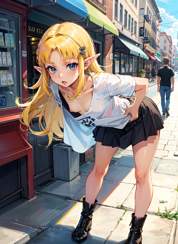 Princess Zelda posing for a photo - NSFW, My, The legend of zelda, Princess zelda, Anime art, Anime, Neural network art, Stable diffusion, Phone wallpaper, Нейронные сети, Elves, Flashing, Erotic, Hand-drawn erotica, Long hair, Blonde, No bra, In public, Blue eyes, Skirt, Nudity, Naked