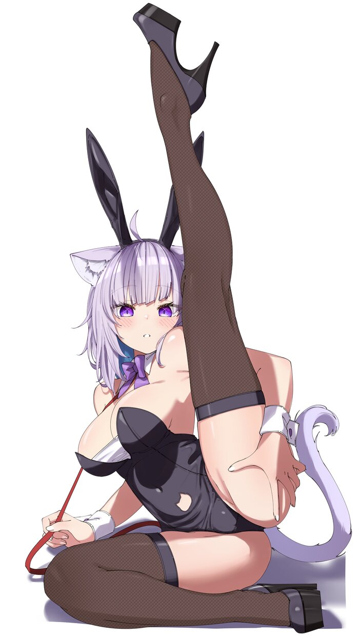 Hoba! - NSFW, Anime, Anime art, Art, Hololive, Virtual youtuber, Nekomata Okayu, Hoba, Bunnysuit, Stockings, Neko, Animal ears, Tail, Stretching, Hand-drawn erotica, Erotic