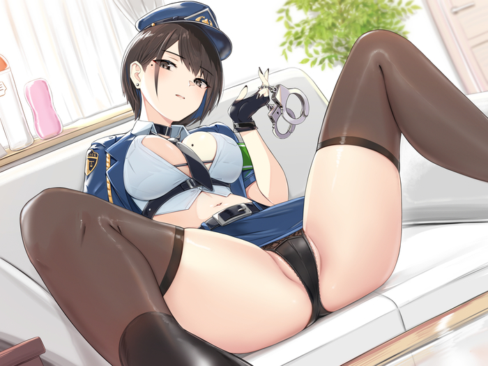 You're under arrest! - NSFW, Anime, Anime art, Art, Original character, Boobs, Pantsu, Stockings, Erotic, Hand-drawn erotica