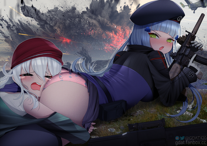 Эй, ты чего там делаешь?! - NSFW, Арт, Аниме, Anime Art, Рисованная эротика, Эротика, Girls Frontline, Hk416, G11, Панцу