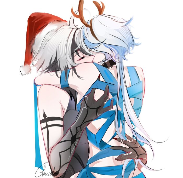 Arlequin opens his gift... - NSFW, Anime art, Anime, Yuri, Genshin impact, Arlecchino (Genshin Impact), Furina (Genshin Impact), Kiss, Gift wrap, Twitter (link)