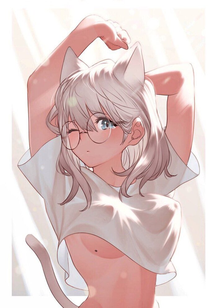 Original - NSFW, Аниме, Anime Art, Original Character, Animal Ears, Megane, Сиськи, Девушка в очках, Очки