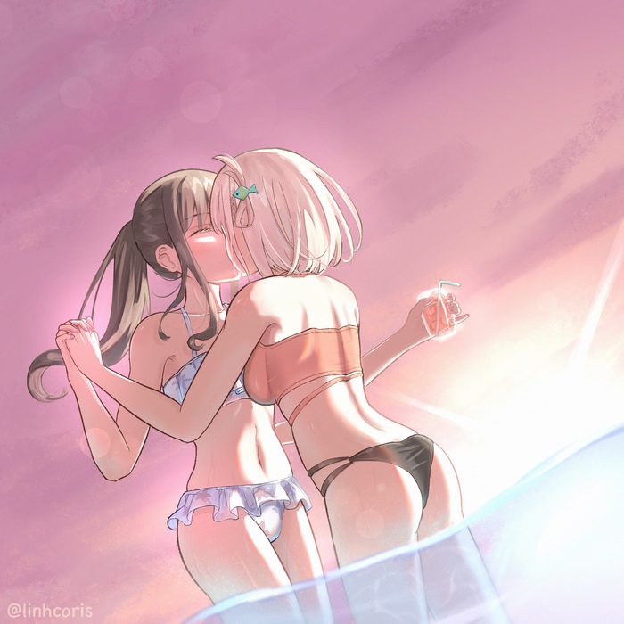 Just relaxing by the sea - NSFW, Art, Anime, Anime art, Hand-drawn erotica, Erotic, Lycoris Recoil, Nishikigi Chisato, Inoue Takina, Swimsuit, Yuri