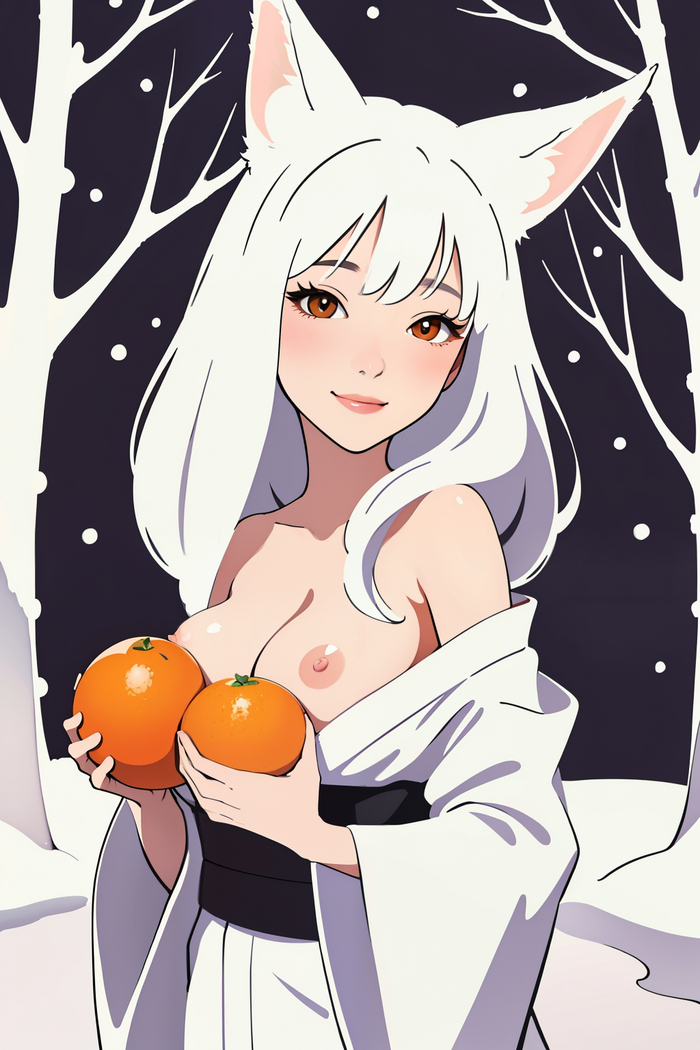 Tangerines - NSFW, My, Neural network art, Нейронные сети, Art, Girls, Anime art, Original character, Kitsune, Fox, Kimono, Boobs, Tangerines, Winter