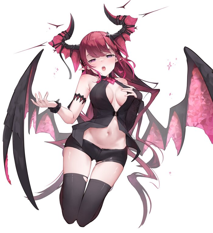 Angel & Demon - NSFW, Anime, Art, Anime art, Hololive, Virtual youtuber, Irys, Booty, Stockings, Wings, Girl with Horns, Erotic, Hand-drawn erotica, Namiorii, Longpost