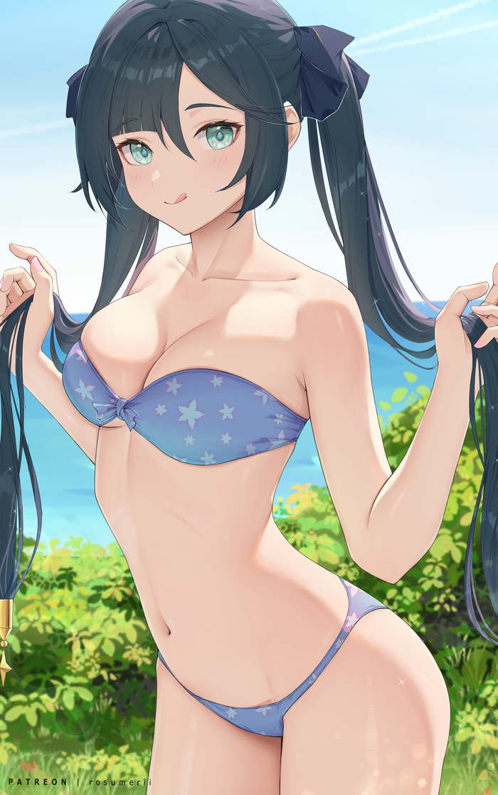 Mona - NSFW, Anime, Genshin impact, Girls, Anime art, Mona, Swimsuit, Summer, Sea, Mona (genshin impact)