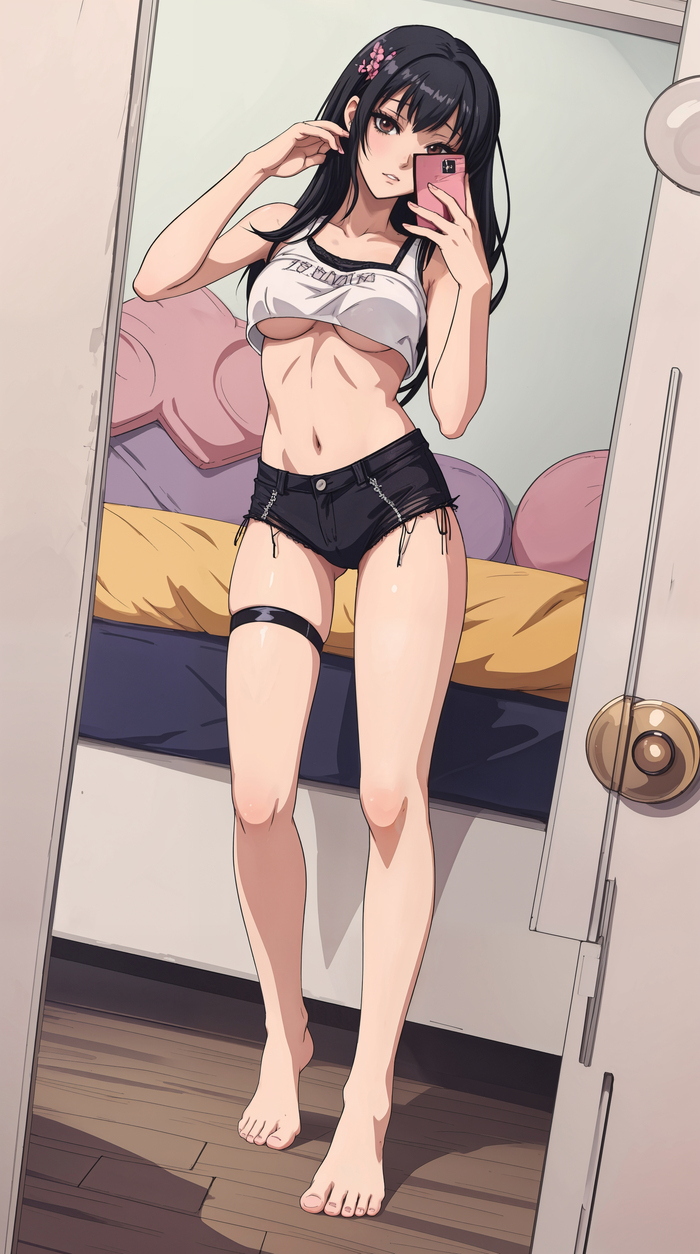 Selfie - NSFW, My, Anime, Anime art, Girls, Neural network art, Stable diffusion, Art, Legs, Selfie, Phone wallpaper, Shorts, Barefoot