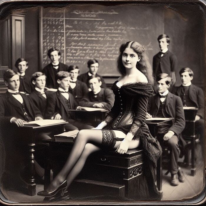Oxford, 1895 - NSFW, My, Neural network art, Нейронные сети, Art, Girls, Stockings, Corset, Old photo, Victorian era, Longpost, Erotic
