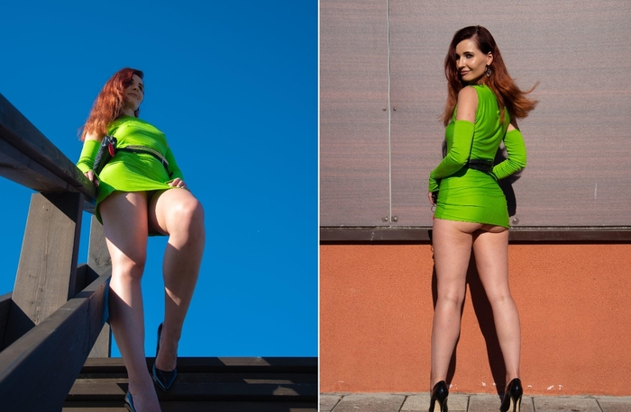 Eugene in green - NSFW, MILF, Jeny Smith, Erotic, Exhibitionism, Labia, Without underwear, Hips, Stockings, Bottom view, Longpost