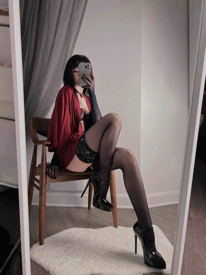 In a robe - NSFW, Stockings, High heels, Underwear