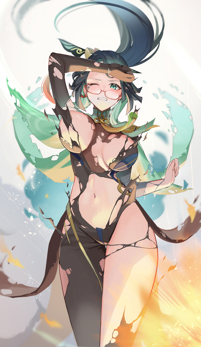 Clothes took a hit - NSFW, Girls, Genshin impact, Cloud Retainer, Art, Games, Anime art, Anime, Hand-drawn erotica, Boobs, Twitter (link), Xianyun (Genshin Impact)