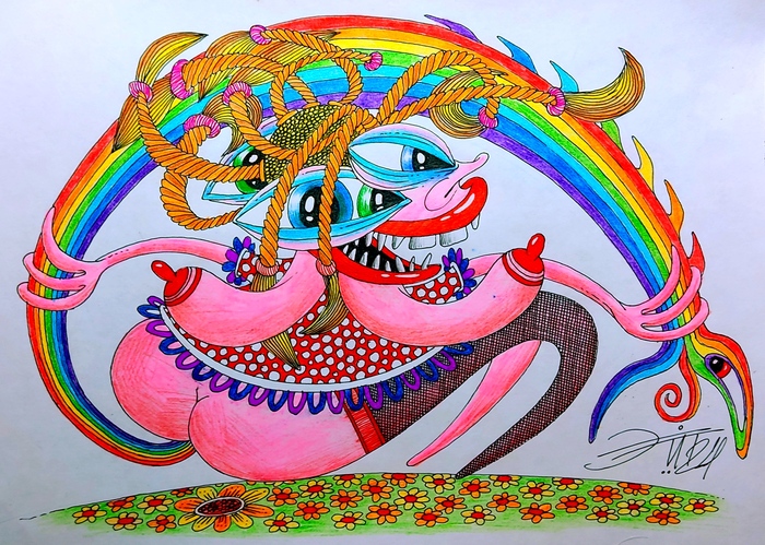 Girl and Rainbow - NSFW, My, Girls, Humor, Girl, Rainbow, beauty, Nature, wildlife, Joy, Pigtails, Flowers, Polyana, The dress, Affection, The Dragon, Surrealism, Artist, I'm an artist - that's how I see it, Creation, Strange humor, Caricature, Drawing
