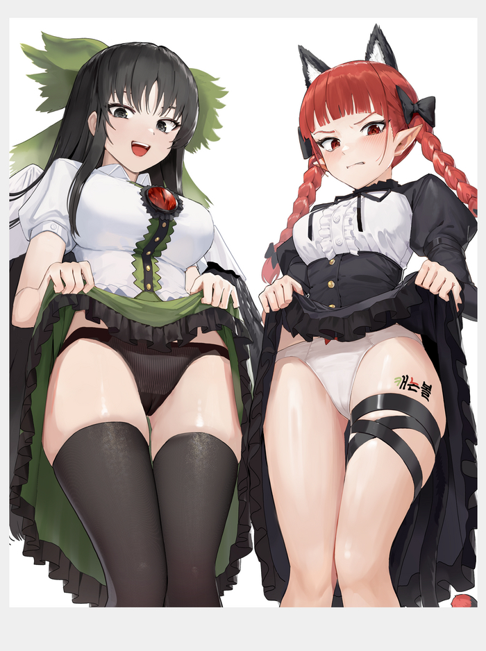 You can watch! - NSFW, Touhou, Kaenbyou rin, Reiuji Utsuho, Art, Anime art, Anime, Goback, Pantsu, Stockings, Erotic, Hand-drawn erotica