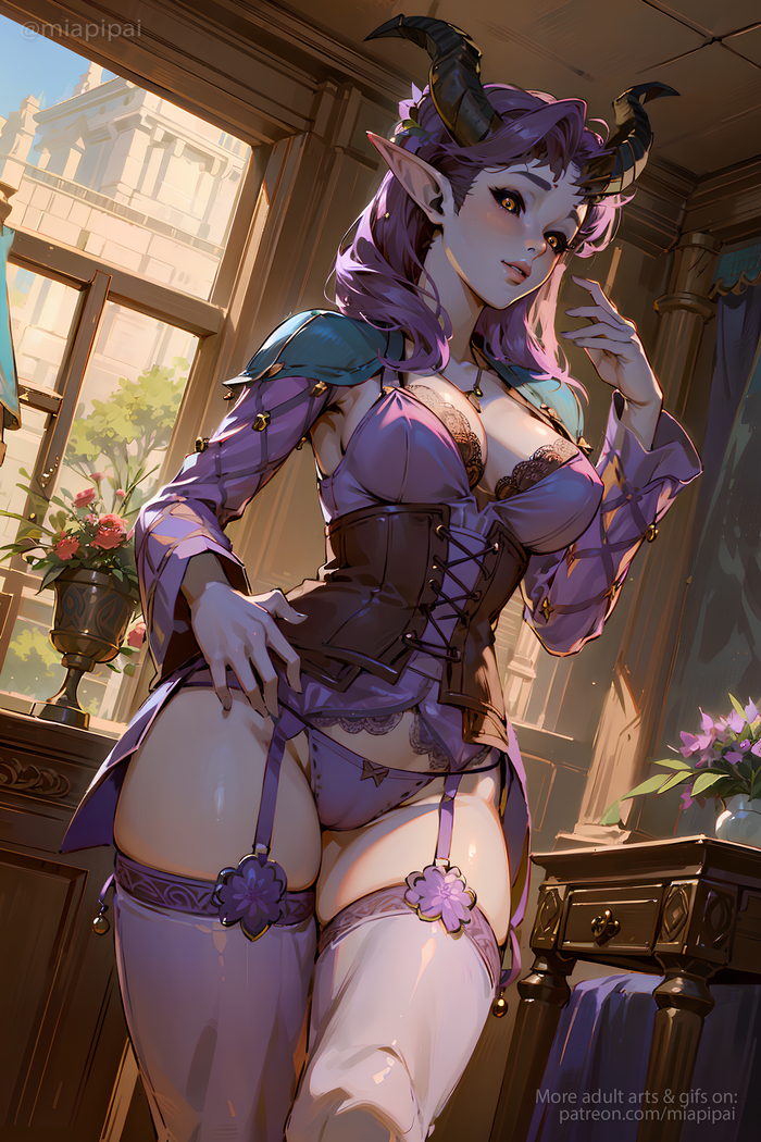 Alfira from Baldur's Gate 3 in a sexy outfit! - NSFW, My, Art, Anime art, Hand-drawn erotica, Erotic, Neural network art, Stable diffusion, Images, Game art, Baldur’s Gate 3, Baldur's gate, Girl with Horns, Elves, Rule 34, Underwear, Stockings, Alfira, Miapipai