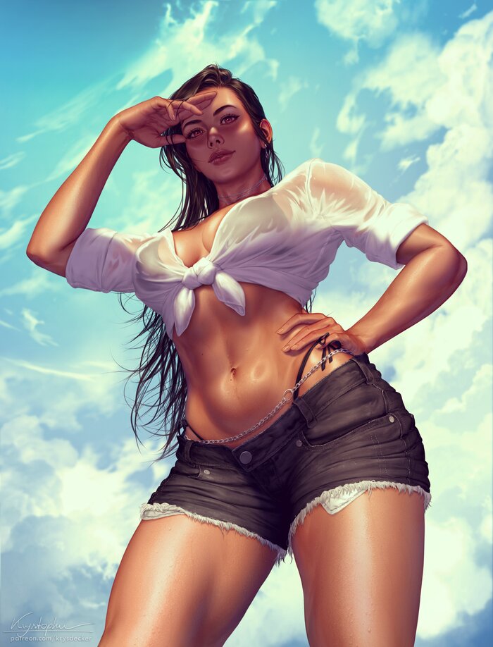 Tifa Lockhart - NSFW, Art, Drawing, Final Fantasy, Final fantasy vii, Tifa lockhart, Girls, Erotic, Hand-drawn erotica, Game art, Swimsuit, Bikini, Boobs, Booty, Wet, Transparency, Bottom view, Krysdecker, Longpost