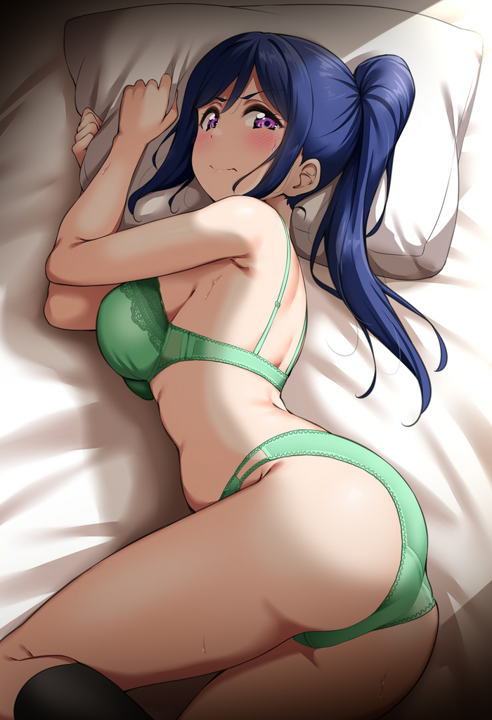 Disgruntled Kanan Bun - NSFW, Anime, Anime art, Boobs, Love live! Sunshine !!, Matsuura kanan, Pantsu, Underwear, Bra, Booty, Twitter (link)