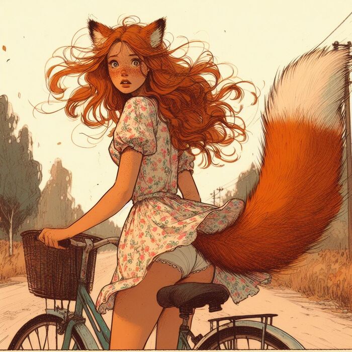 On a country road - NSFW, My, Neural network art, Нейронные сети, Art, Girls, Anime art, Anime, Original character, Kitsune, Animal ears, The dress, Pantsu, A bike, Tail, Summer, Redheads, Freckles