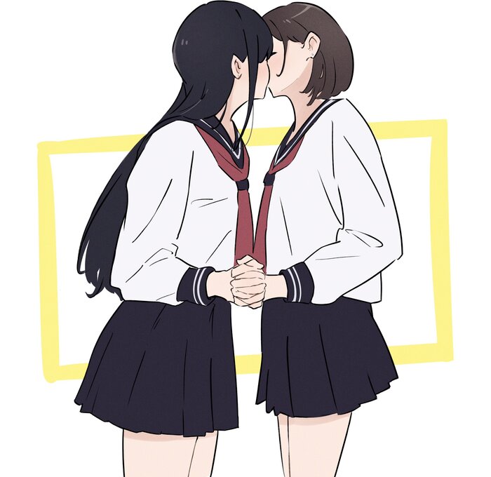 Debauchery! - NSFW, Anime art, Anime, Yuri, Original character, Sailor fuku, Holding hands, Friend, Kiss, Twitter (link)