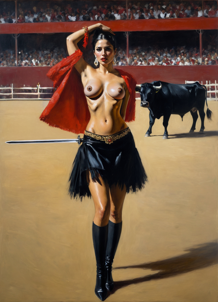 Corrida - NSFW, My, Neural network art, Stable diffusion, Erotic, Art, Boobs, Bullfight, Boots, Bull