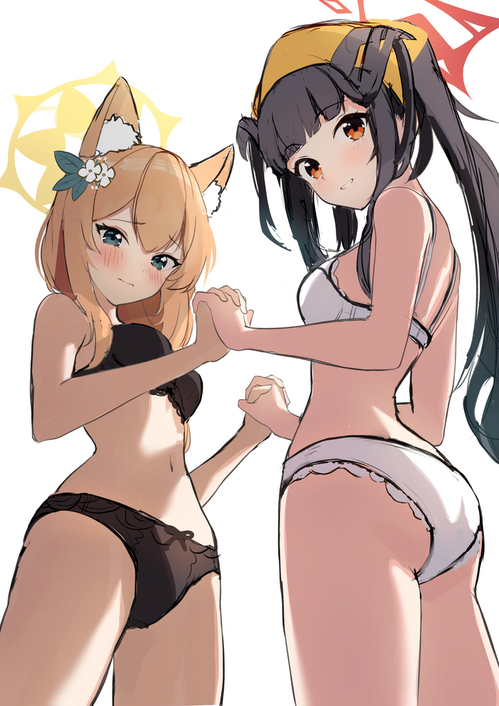 Unlawful holding of handles - NSFW, Anime, Anime art, Boobs, Blue archive, Iochi Mari, Fuuka, Pantsu, Bra, Underwear, Girl with Horns, Longpost