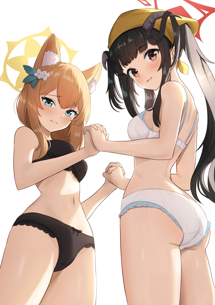 Unlawful holding of handles - NSFW, Anime, Anime art, Boobs, Blue archive, Iochi Mari, Fuuka, Pantsu, Bra, Underwear, Girl with Horns, Longpost