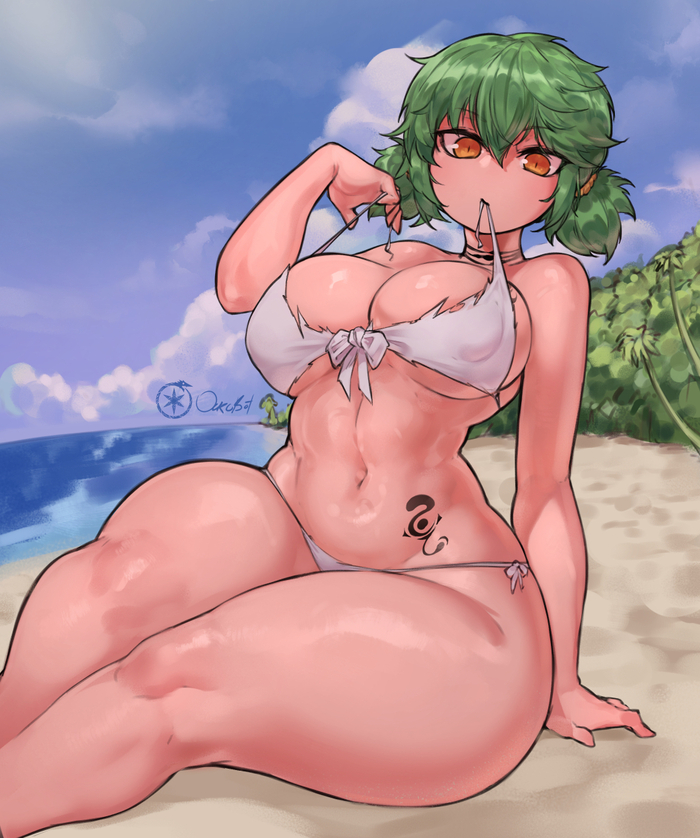 On the beach - NSFW, Art, Anime, Anime art, Hand-drawn erotica, Erotic, Senran kagura, Extra thicc, Longpost