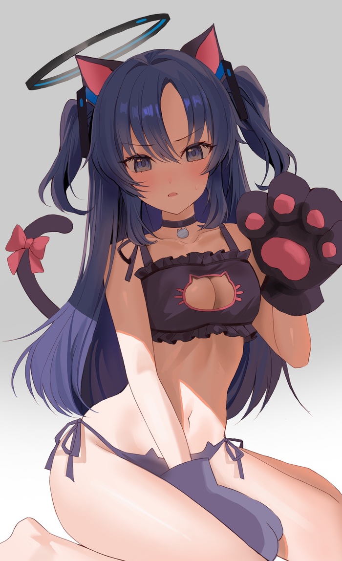 Neko Yuuka - NSFW, Арт, Anime Art, Аниме, Blue archive, Hayase Yuuka, Cat Keyhole Bra, Чокер, Animal Ears, Хвост, Неко, Рисованная эротика, Эротика