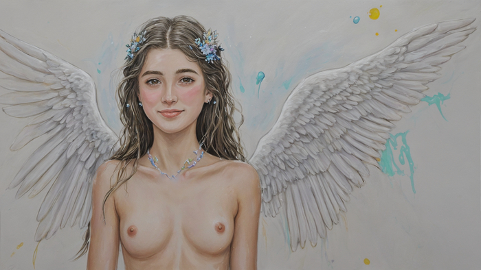 The Temptation of Heavenly Beauty - NSFW, My, Erotic, Angel, Wings, Neural network art, Stable diffusion, Art, Hand-drawn erotica, Topless, Naked, Brown-haired woman, Boobs, Necklace, Blush