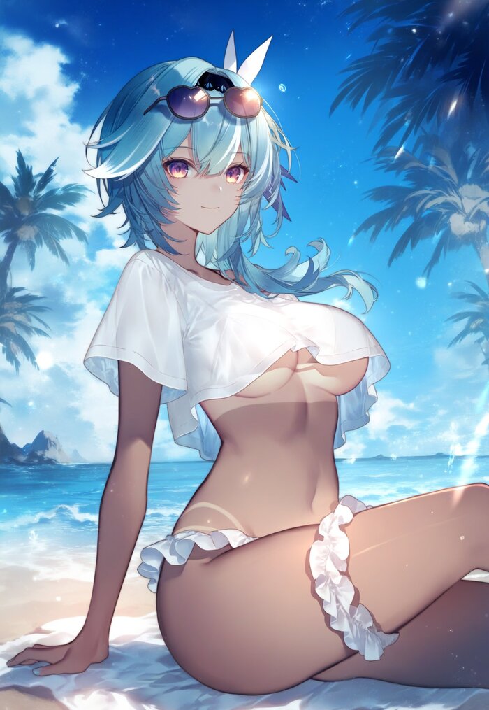 Swarthy Aeola - NSFW, Eula (Genshin Impact), Genshin impact, Anime art, Games, Anime, Tan, Summer, Sea, Swimsuit, Bikini, Girls