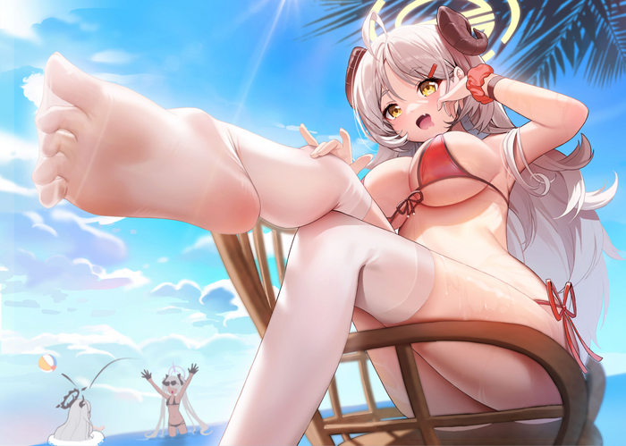 Hello, people of high culture - NSFW, Anime, Anime art, Blue archive, Shishidou Izumi, Girl with Horns, Swimsuit, Stockings, Foot fetish